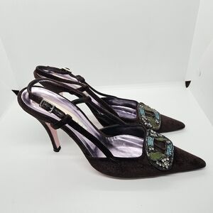 Christian Lacroix brown velvet pointed toe heels with beaded detail EU 38